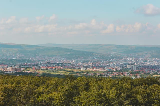 A panoramic cityscape view captured from a hilltop with dense greenery in the foreground.