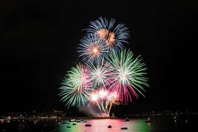 Colorful fireworks illuminate the night sky over Plymouth Harbor, creating a festive and vibrant atmosphere.