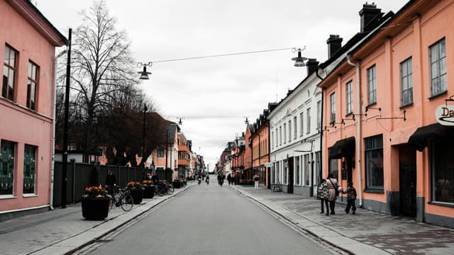 Colorful residential street in Uppsala, Sweden showcasing urban charm.