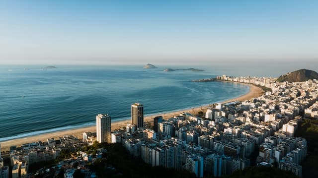 Stunning aerial view of Copacabana Beach and cityscape in Rio de Janeiro, Brazil, during a sunny day.