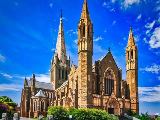Stunning view of Sacred Heart Cathedral with clear blue sky backdrop in Bendigo, Australia.