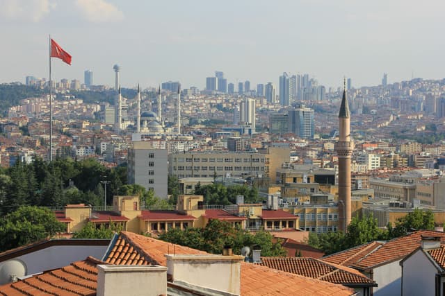 A stunning panoramic view of Ankara skyline with Kocatepe Mosque and Atakule Tower.