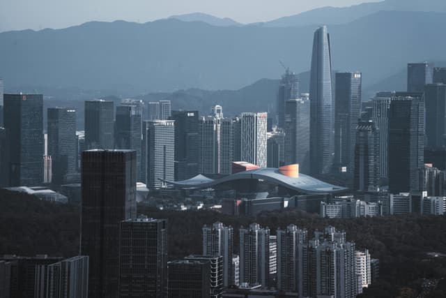 Stunning aerial view of Shenzhen's modern skyline with iconic skyscrapers at dusk.