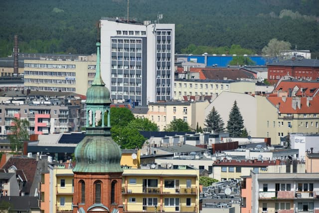 Aerial view of Zielona Góra showcasing diverse architecture and greenery.