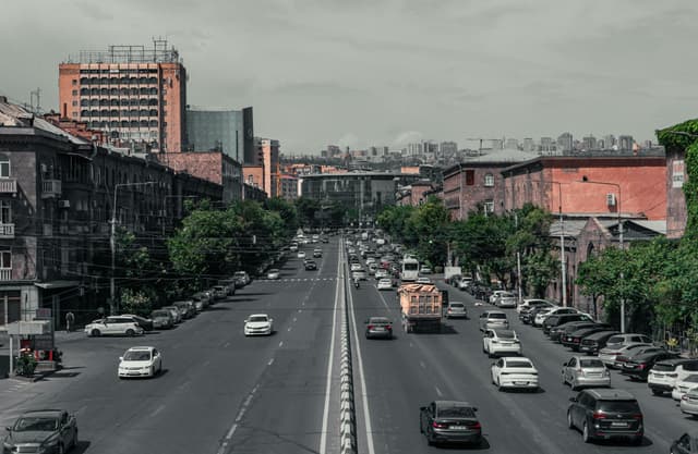 A vibrant cityscape of Yerevan, Armenia, showcasing its bustling streets and urban architecture.