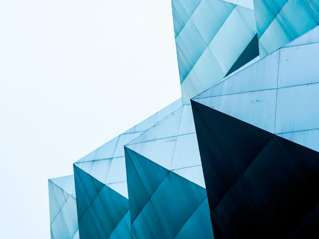 A striking view of blue geometric architectural elements in Davao City, Philippines.