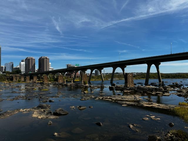 Scenic view of Richmond city skyline and historic bridge over James River under clear blue sky.