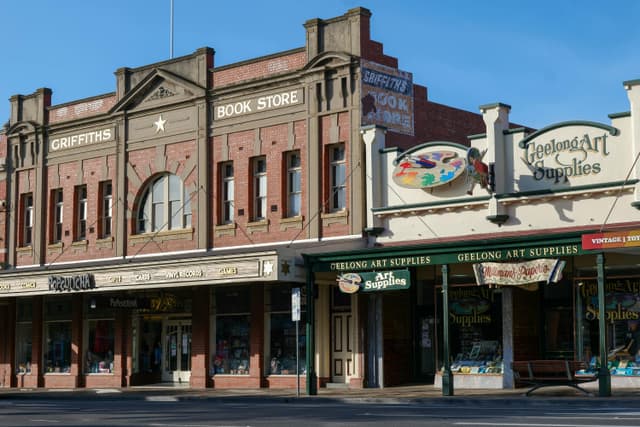 A picturesque view of Griffiths Book Store and Geelong Art Supplies in Geelong, Australia.