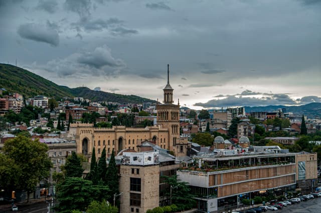 Aerial view of Tbilisi under cloudy skies showcasing a historic building and lush greenery.
