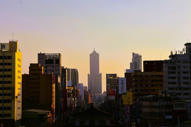 Twilight view of Kaohsiung city skyline featuring tall buildings and a sunset ambiance.