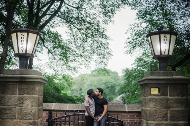Interracial gay couple sharing a romantic moment in a lush park, embracing love and unity.
