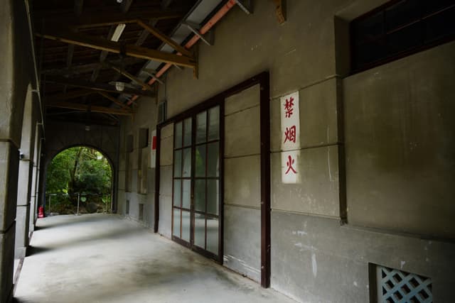 Explore the vintage architectural corridor with traditional Chinese No Smoking sign in Taipei, Taiwan.